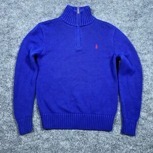 Polo Ralph Lauren Boys Royal Blue Quarter Zip Sweater Size L 14-16 Red Pony Logo